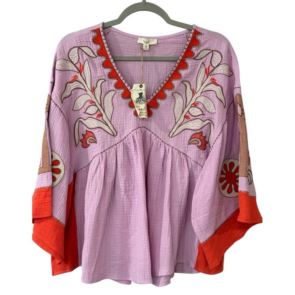 Easel Women's Embroidered Cotton Gauze Boho Babydoll Top Lilac Size Small NWT